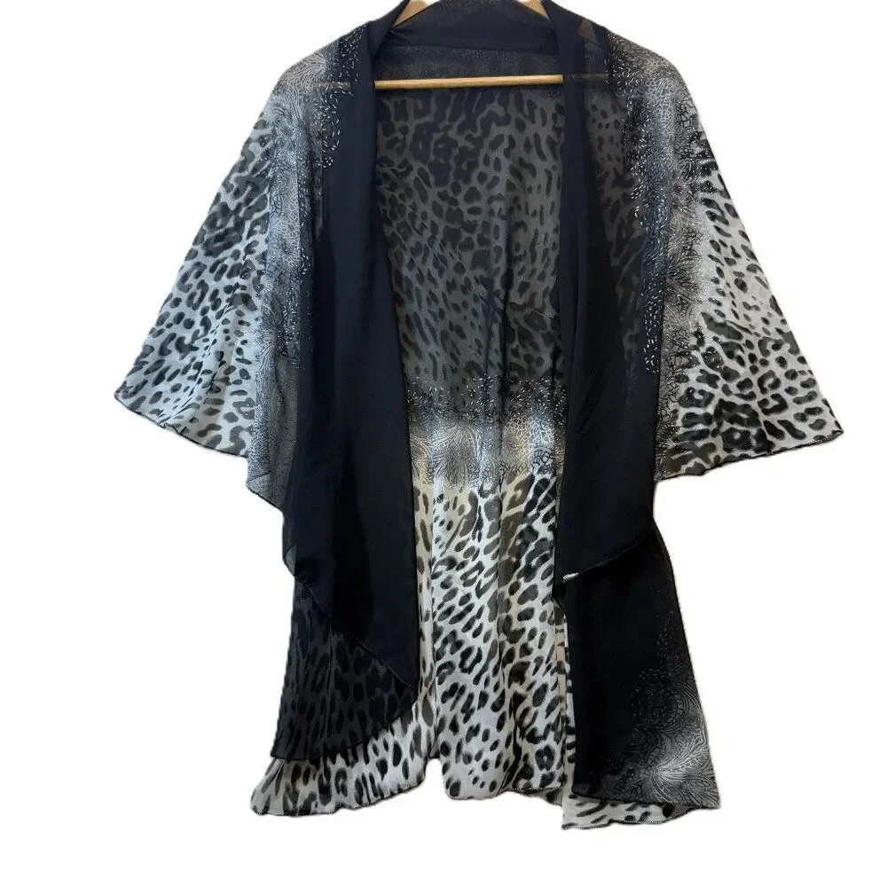 Sheer Leopard Print Kimono Cardigan Open Front Black Gray Layered Flowy OSFM